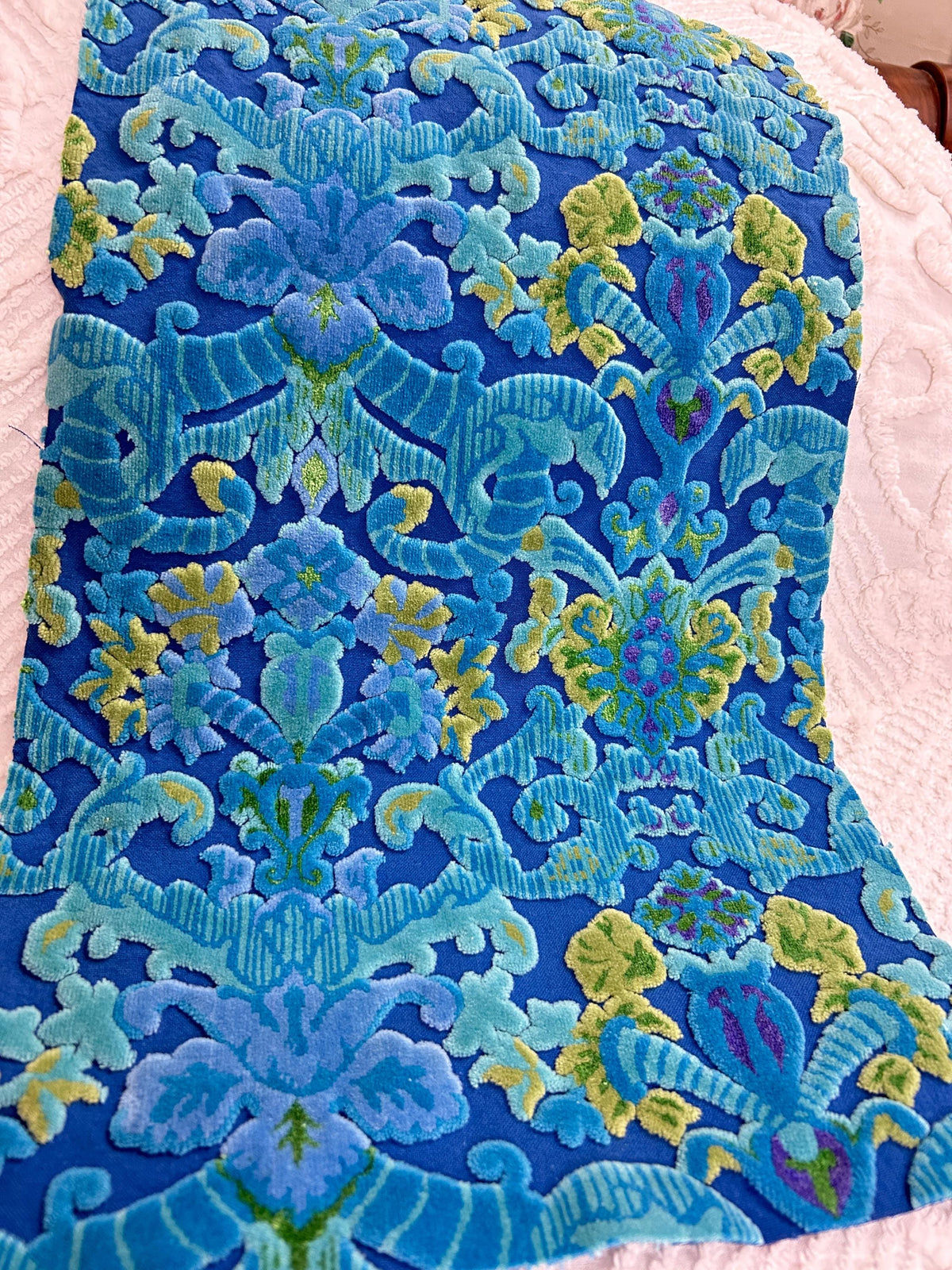 Electric Blue Vintage Cut Velvet Fabric, Mystic Bates Tapestry Chenille, 12x20"