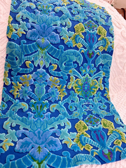 Electric Blue Vintage Cut Velvet Fabric, Mystic Bates Tapestry Chenille, 12x20"