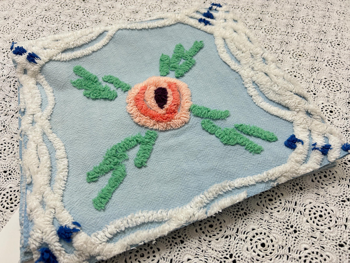 Coastal Blue Vintage Chenille Bedspread Fabric Floral 23x21" Piece
