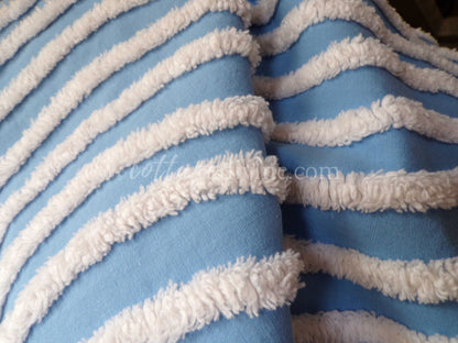 Gentle Waves Vintage Chenille Quilt Fabric, 26" x 16.5" Piece, 100% Cotton White Tufting on Blue