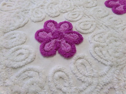 Violets in Snow Vintage Cotton Chenille Fabric - Plush Florals in White Curlicues, Quilt & Craft Material, 20" x 17" Piece