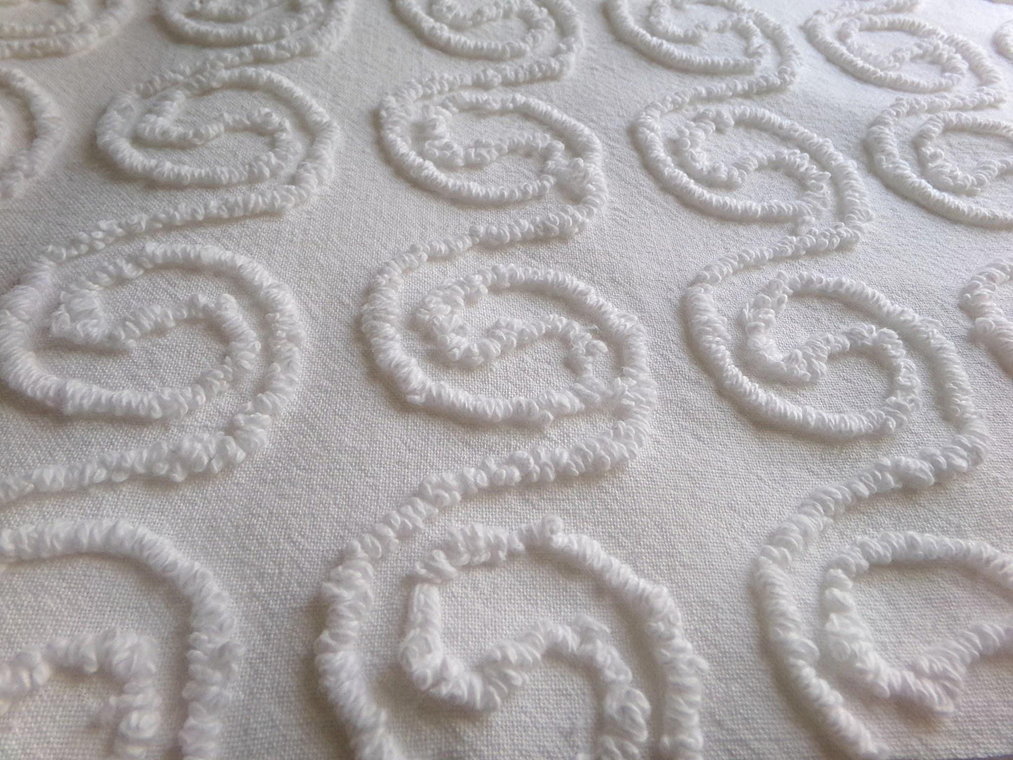 spiral curl squiggles vintage chenille fabric, ultra lightweight white cotton sewing material with great texture, 20" x 24" inch piece