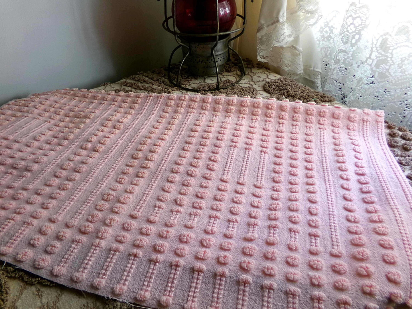 Unique Windowpane Pops Vintage Chenille Fabric, 22" x 22" Piece, Texture Tuft Popcorn Dots & Dashes in Rosy Pink