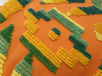 ethnic boho Southwestern vintage chenille fabric, vivid Aztec design, 20" x 24" piece of orange cotton sewing material for pillows, quilts
