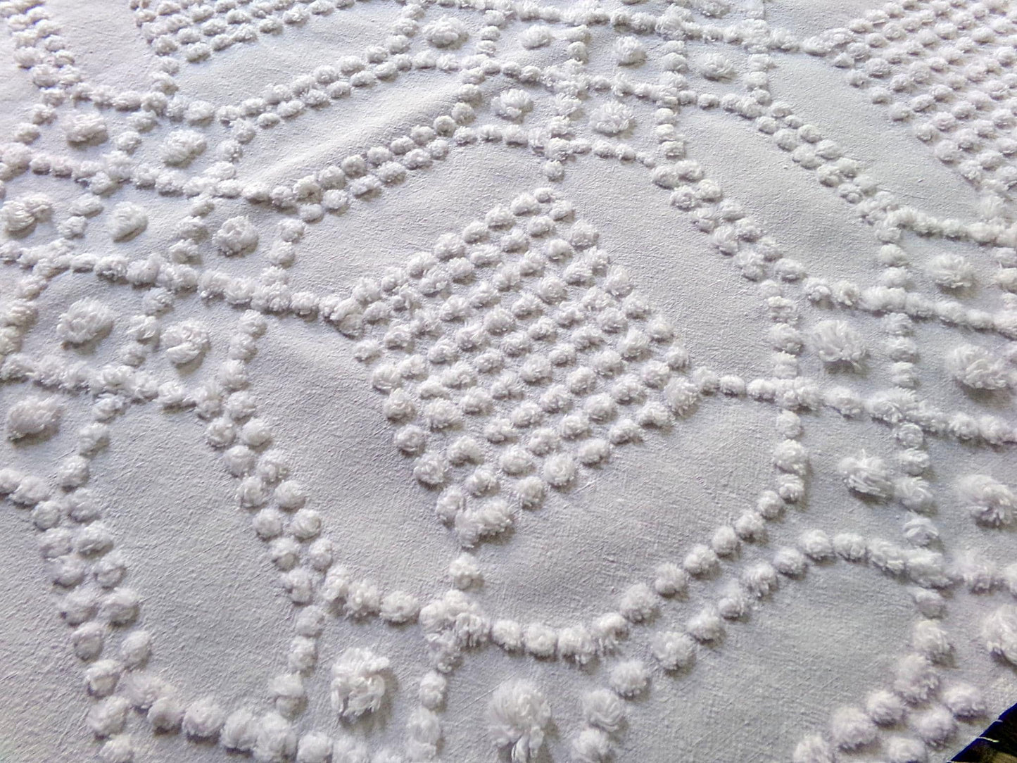 contemporary cosmic white vintage chenille fabric, intricate geometric handtufted sewing material, 22" x 23" piece great for pillows, quilts