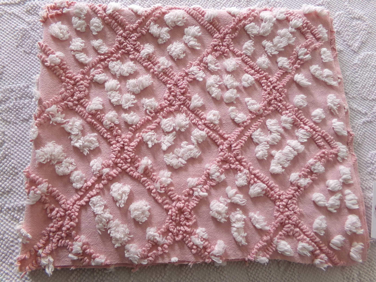 rose pink vintage chenille fabric, tumbling block mauve & white geometric design, 28" x 22" piece sewing material
