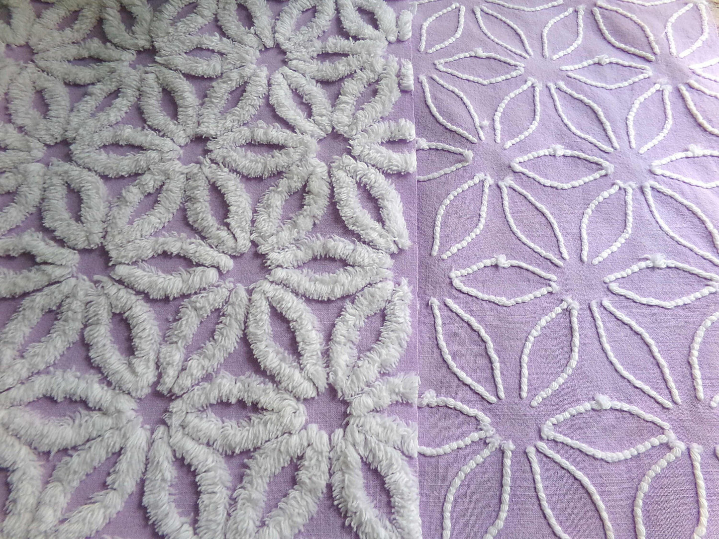 Spring Lavender Vintage Chenille Fabric in Lilac Purple & Fluffy White Daisy, 19" x 25" inch Piece, Lovely in Quilts