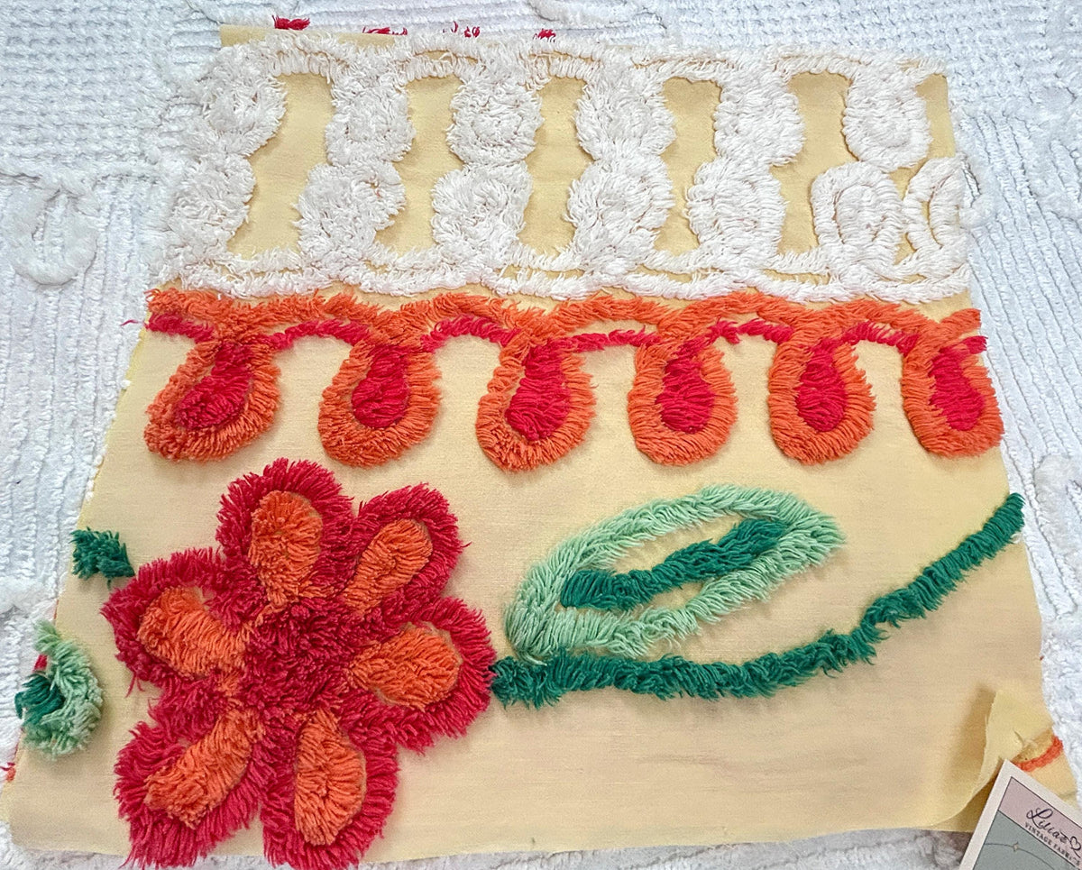 Happy Yellow Vintage Chenille Bedspread Fabric, Boho Red Flower Curlicues 13x25"