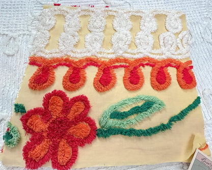 Happy Yellow Vintage Chenille Bedspread Fabric, Boho Red Flower Curlicues 13x25"