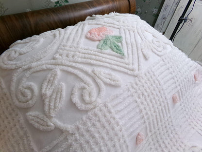 roses in winter vintage chenille bedspread, white cotton summer coverlet, classic cottage style full size bedding
