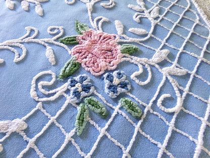 Cottage Romantics Pink Rose Vintage Chenille Fabric, 18.5" x 23" inch Piece, Sky Blue Bkgd, for Pillow Covers, Quilting, Fiber Arts & Crafts