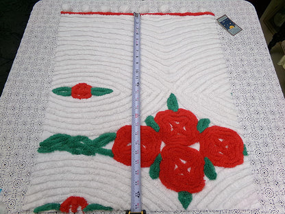 Shabby Cabbage Roses Vintage Chenille Bedspread Fabric, Plush Red Floral 20x24"