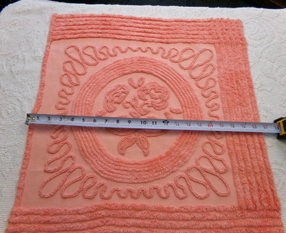rose cameo vintage chenille fabric, peach needletuft floral bouquet & bow, 20" x 24" inch piece for quilting, sewing