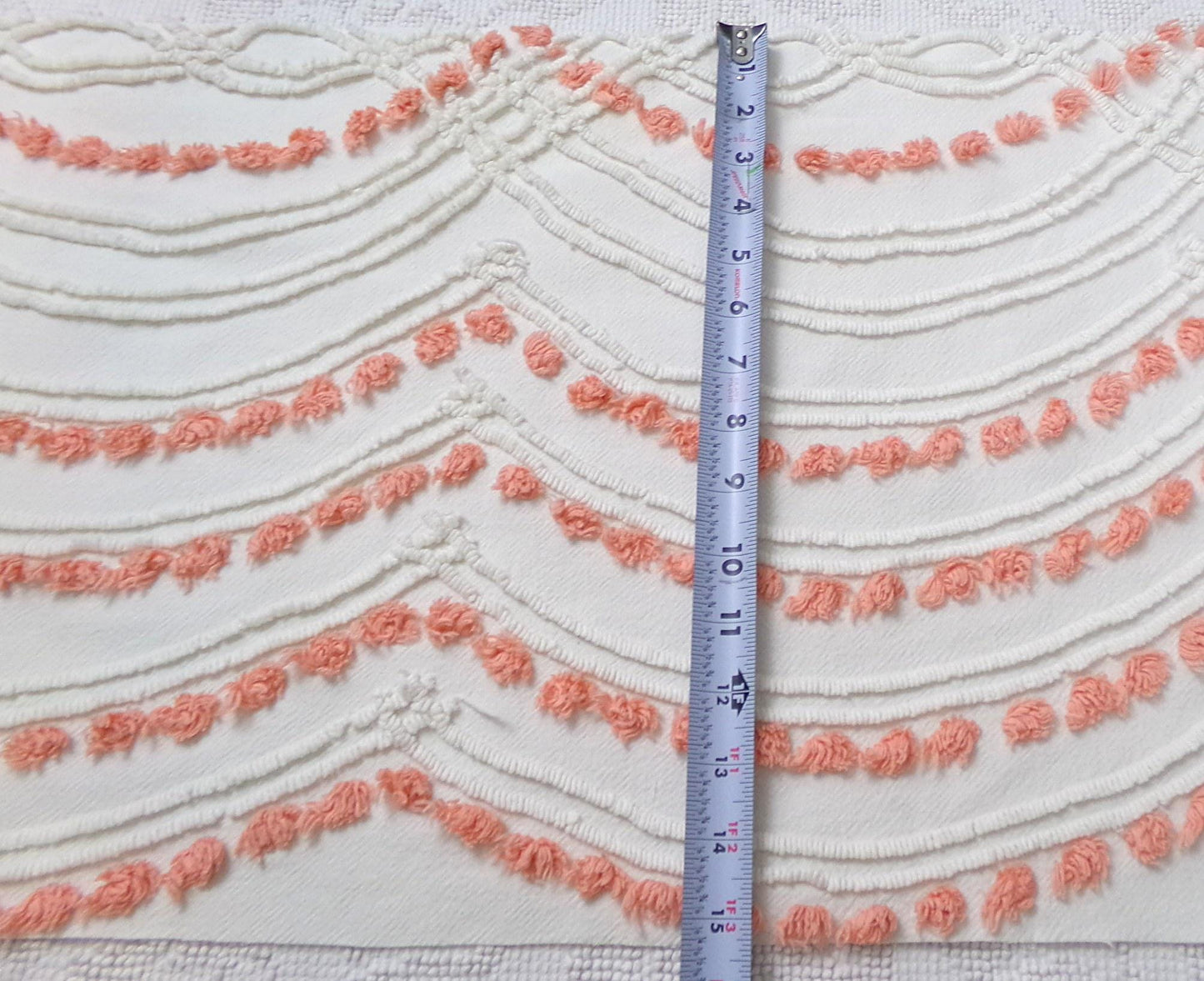 Peach Dot Swags Vintage Chenille Bedspread Fabric, White Cotton Sewing Material, 15" x 30"