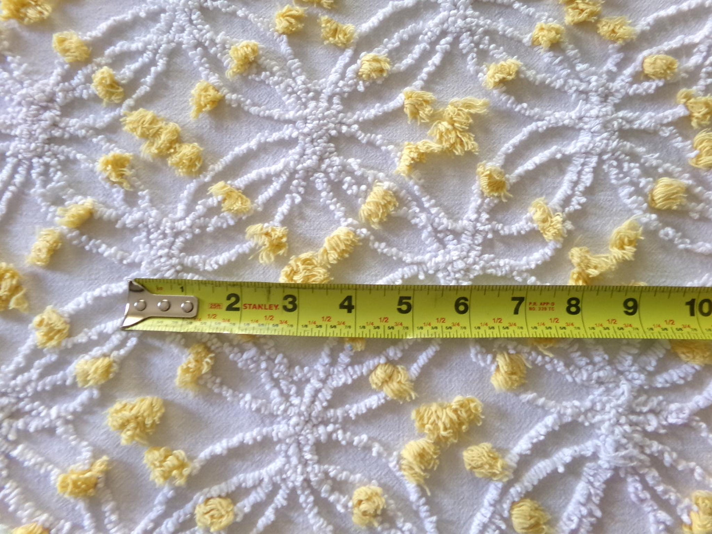 white chenille fabric with goldenrod yellow pops, vintage 18" x 24" inch piece of quilt material in traditional wedding ring designs