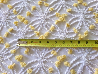 white chenille fabric with goldenrod yellow pops, vintage 18" x 24" inch piece of quilt material in traditional wedding ring designs