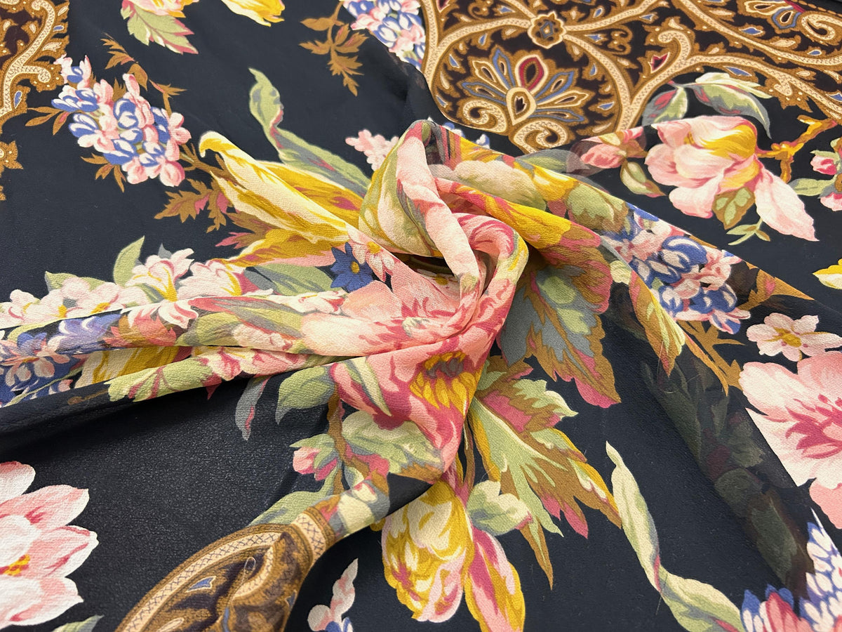 Vintage Ralph Lauren Sheer Scarf Black Floral Tulips Peonies Paisley Border