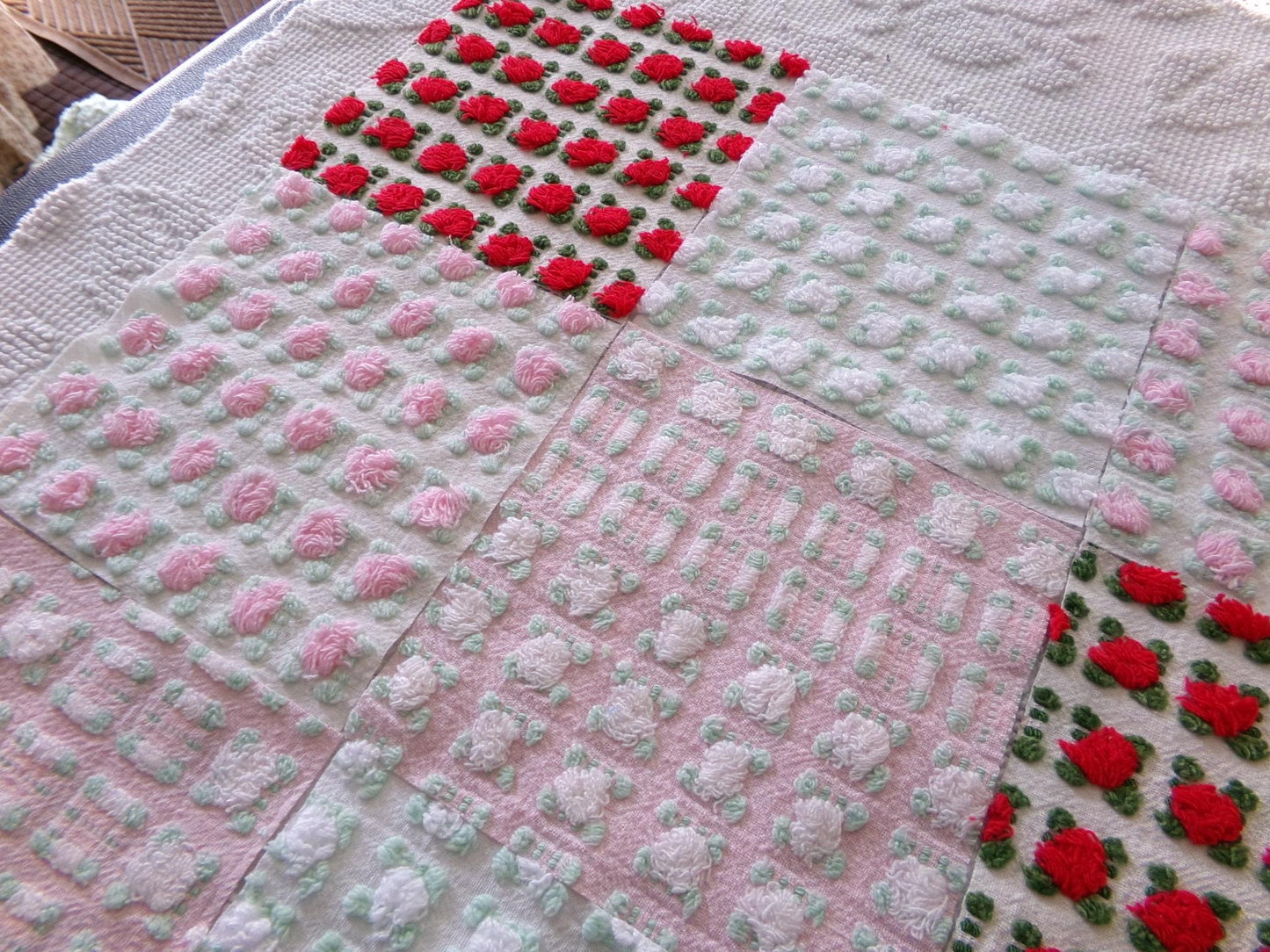romantic rosebuds vintage chenille fabric squares, gorgeous medley of pink, red, white roses, set of 16 quilt blocks, 6" x 6" inch