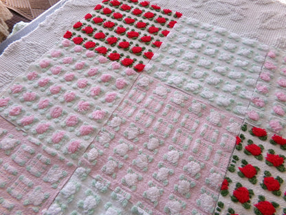 romantic rosebuds vintage chenille fabric squares, gorgeous medley of pink, red, white roses, set of 16 quilt blocks, 6" x 6" inch