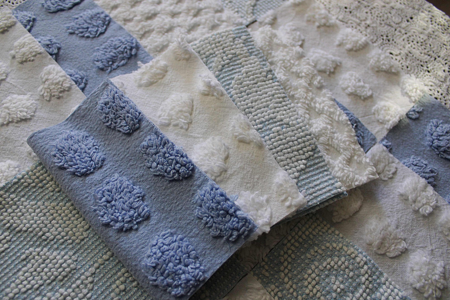 vintage chenille fabric squares, set of 16 coastal blue & white 6" quilt blocks for patchwork pillows, quilting, crafts