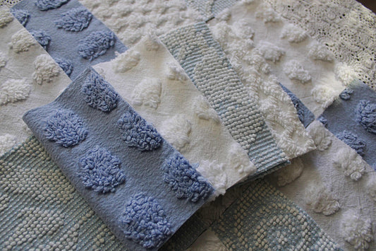 vintage chenille fabric squares, set of 16 coastal blue & white 6" quilt blocks for patchwork pillows, quilting, crafts