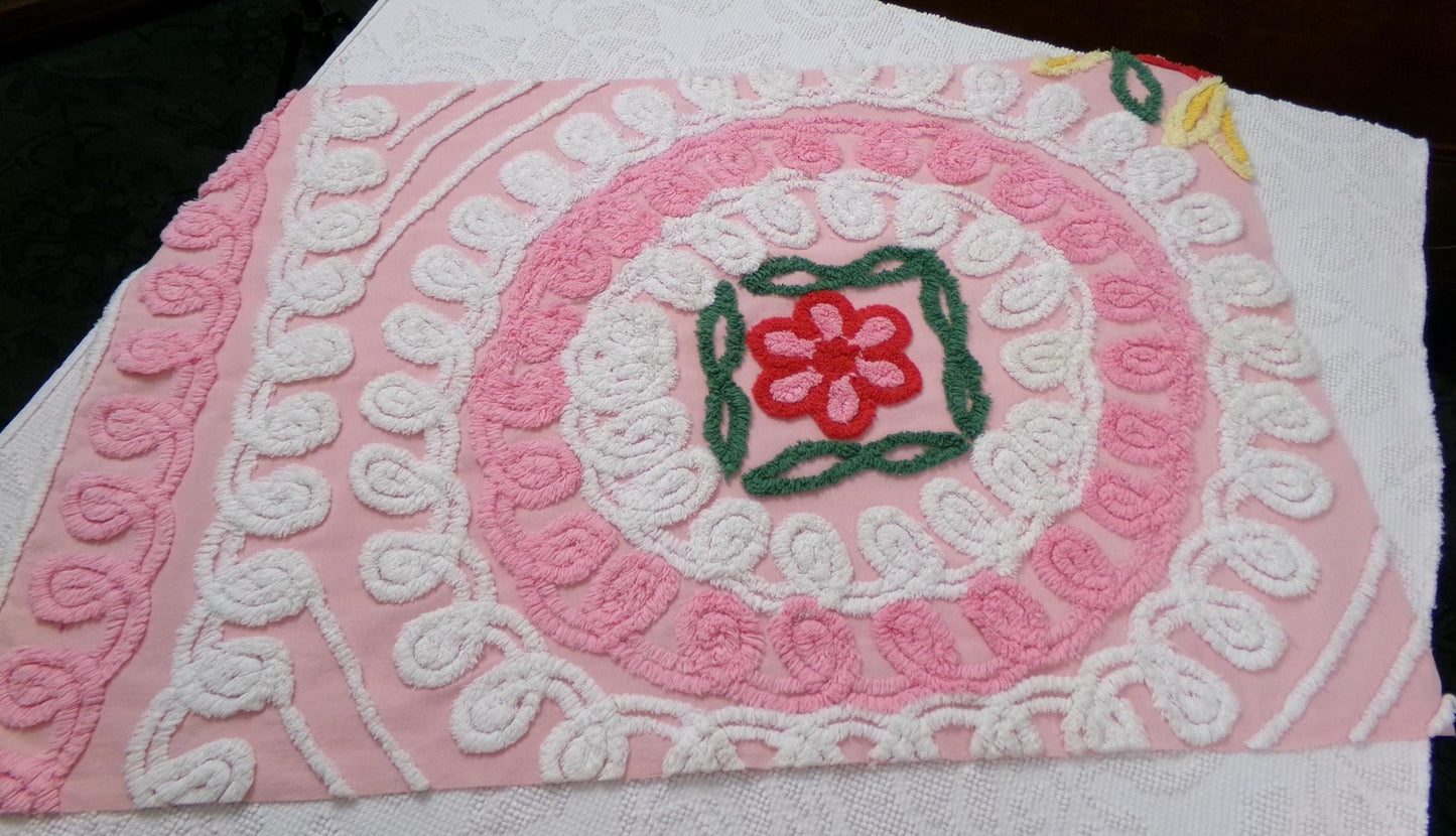shabby pink vintage chenille fabric, cake frosting floral curlicues, 20" x 31"