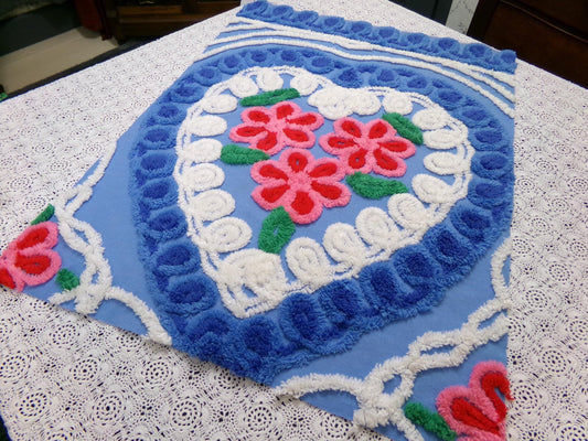 American Spirit Vintage Chenille Fabric Blue Floral Heart Scroll 19x24"