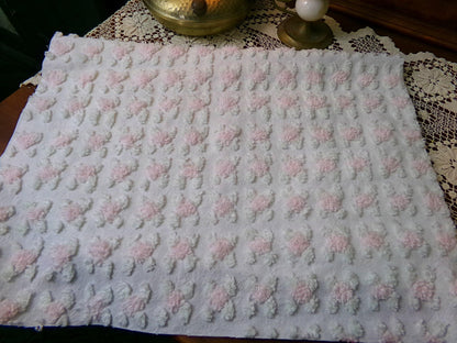 Shabby Pink Rosebud Vintage Chenille Bedspread Fabric Piece, Cottage Style Quilt Material 18" x 24"