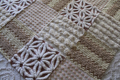 creamy vanilla mocha chenille fabric squares, set of 16 vintage quilt blocks 6" inches ea, daisy, squiggle, puffy pop texture