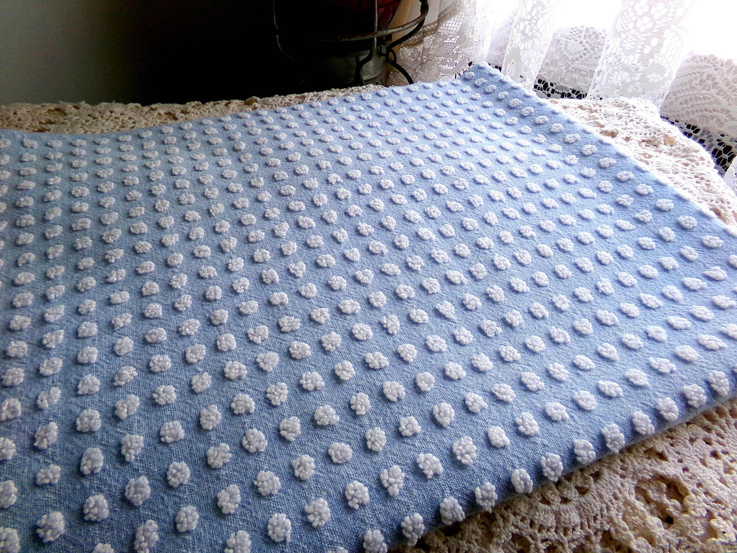 Bubble Dots Vintage Chenille Material, 24" x 18" inch Fabric Piece, Little White Pops on Sky Blue, Beachy Coastal Vibes