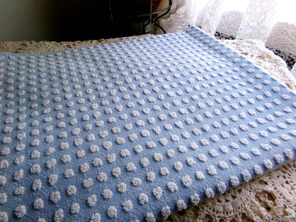 Bubble Dots Vintage Chenille Material, 24" x 18" inch Fabric Piece, Little White Pops on Sky Blue, Beachy Coastal Vibes