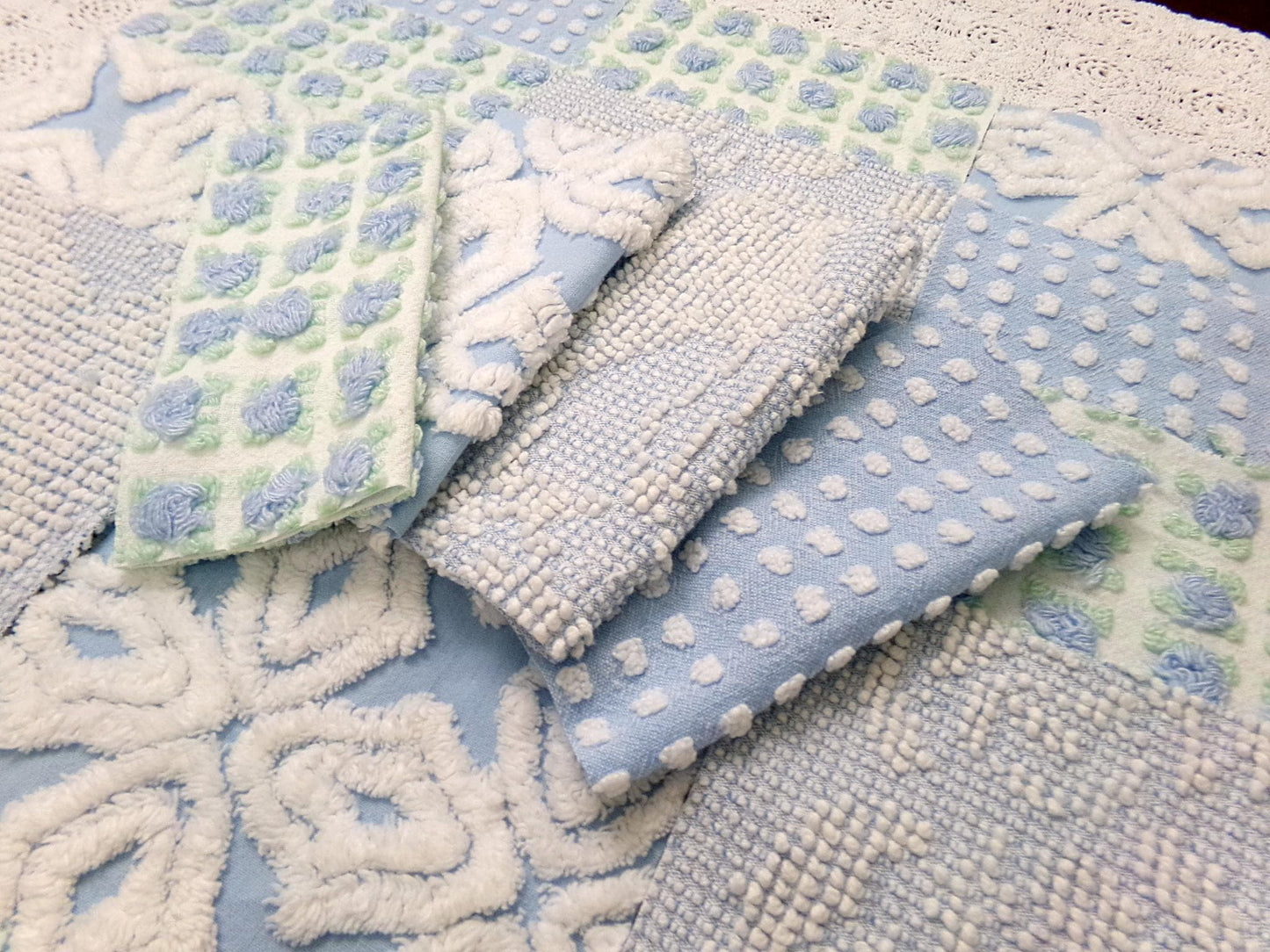 sea breeze vintage chenille fabric squares, set of 16 blue white quilt blocks 6" ea