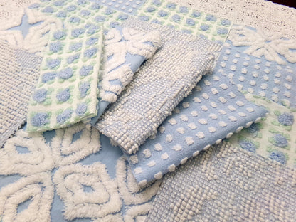 sea breeze vintage chenille fabric squares, set of 16 blue white quilt blocks 6" ea