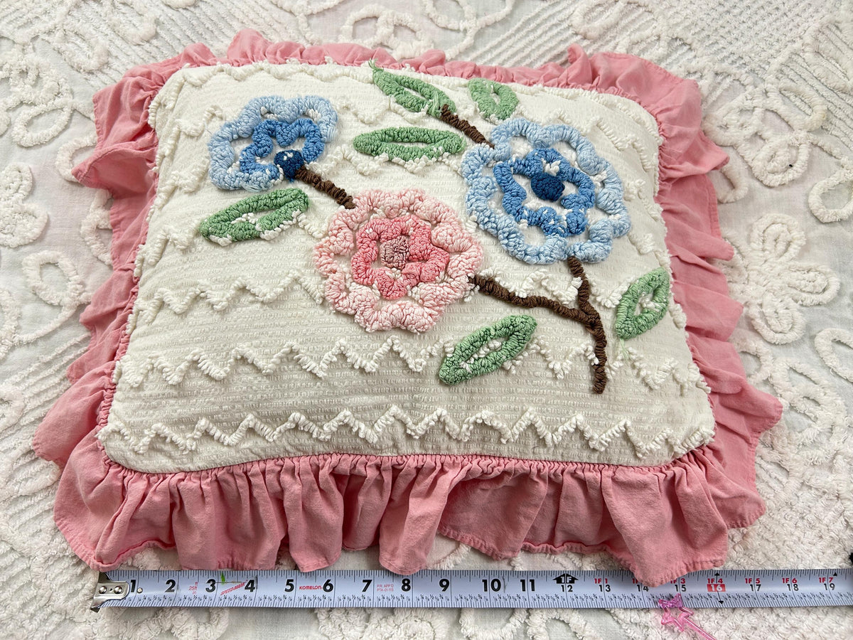Cottage Ruffled Vintage Chenille Pillow Cover Reversible Floral Rectangle Shape