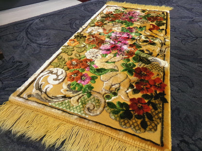 Vintage Cut Velvet Spotlight Shadow Angel Floral Tapestry Panel Fringed Cherub Wall Hanging or Rug 19"x38.5"