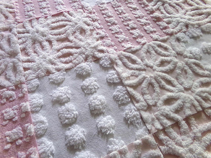 Pink Wink Quilt Squares Set from Vintage Chenille Bedspread Fabric, 16 Blocks, 6" x 6" inch