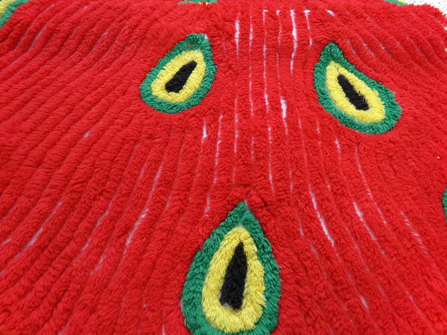 Red Peacock Vintage Chenille Fabric Piece, Plush Bird Design 13x39" Panel