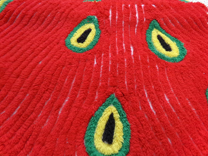 Red Peacock Vintage Chenille Fabric Piece, Plush Bird Design 13x39" Panel