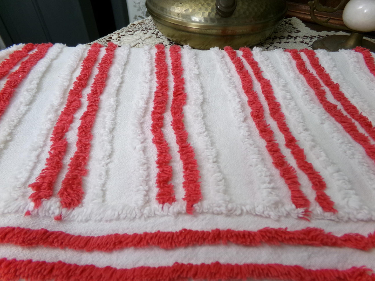 Red & White Striped Chenille Fabric, textured skinny lines craft quilt material, 17" x 27" piece
