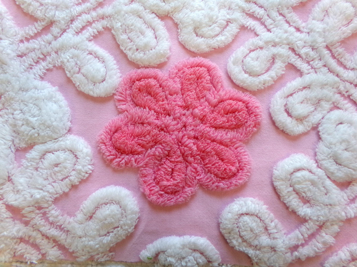 Strawberry Pink Vintage Chenille Fabric Whimsical Floral Sewing Material 21" x 21"