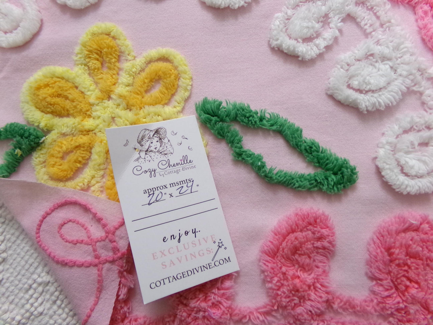 Pink Floral Vintage Chenille Bedspread Fabric, shabby cottage sewing craft quilt material, 20" x 24" piece