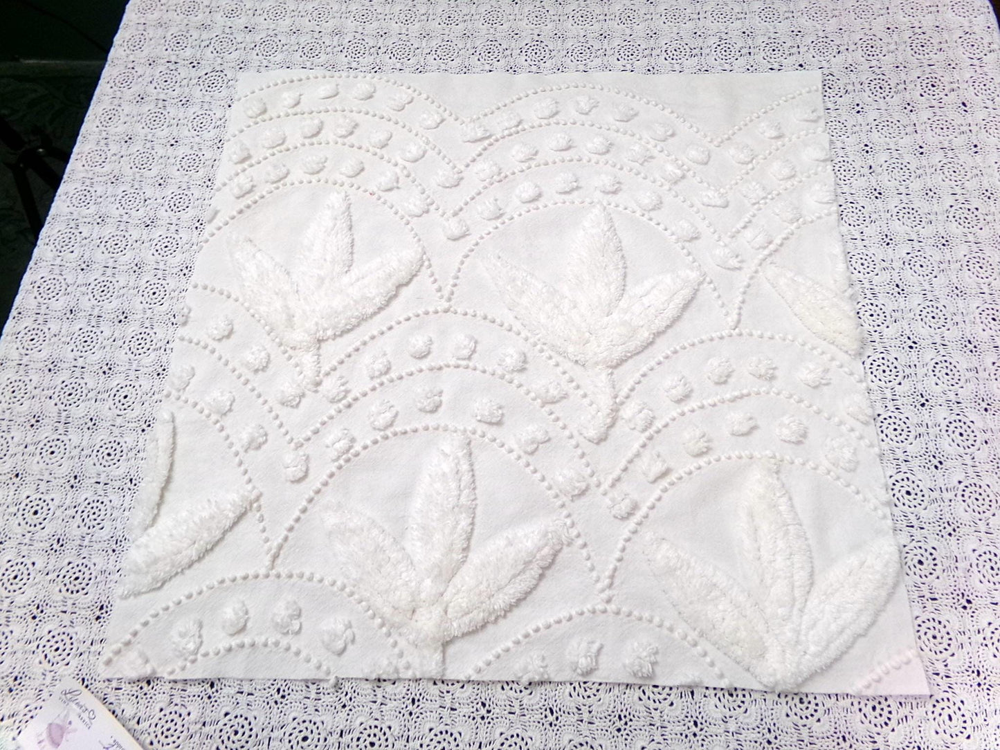 Dainty Vintage Chenille Fabric, Creamy Botanical Leaf Pearl Dots, 20x20" Piece
