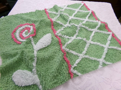 Pink Lollipop Flower Vintage Style Chenille Fabric Apple Green 22 x 27" Sewing Material