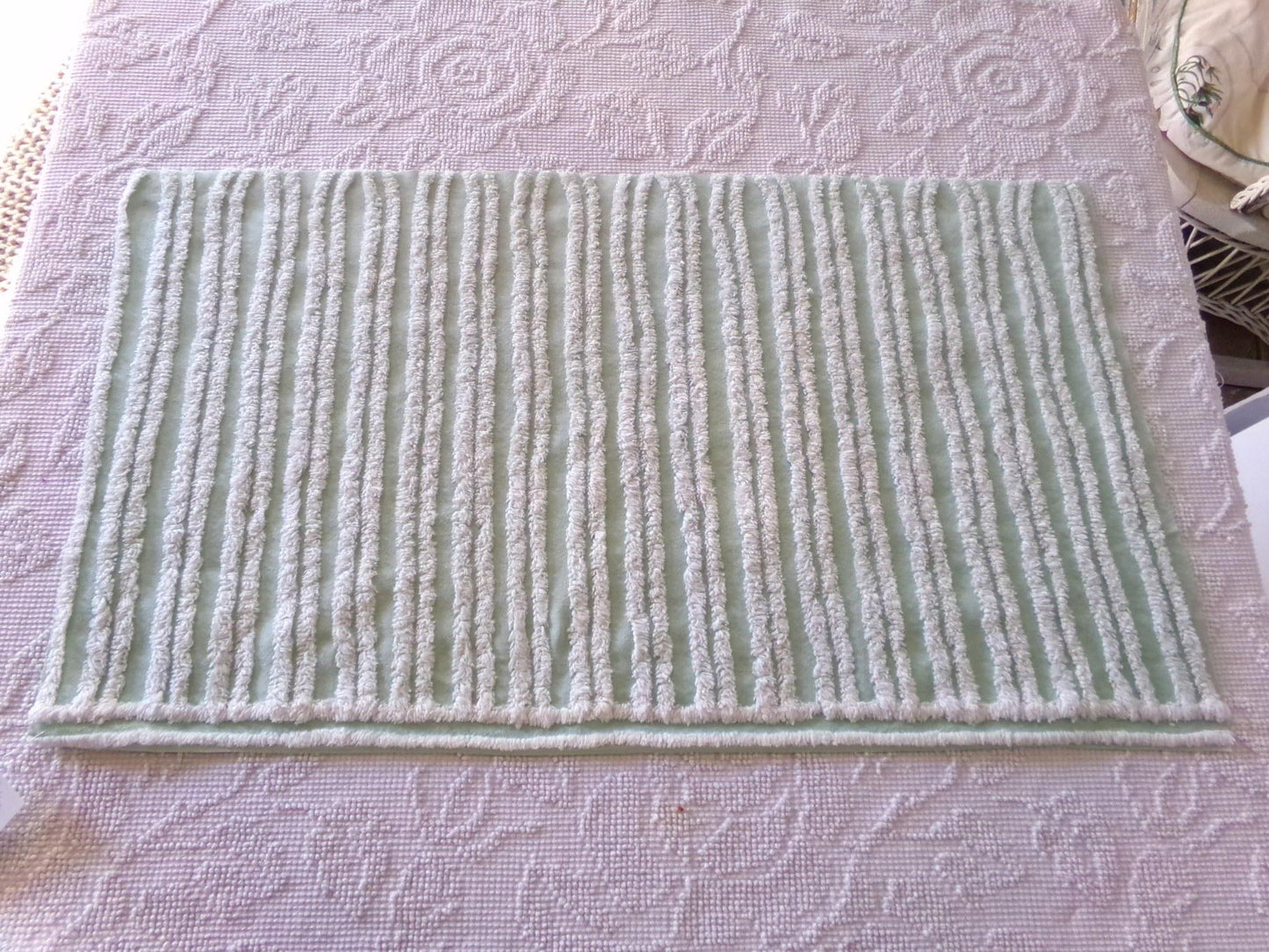 mint green & white striped chenille fabric, tufted stripes on vintage cotton, 16" x 27" inch cut piece, for sewing, craft projects