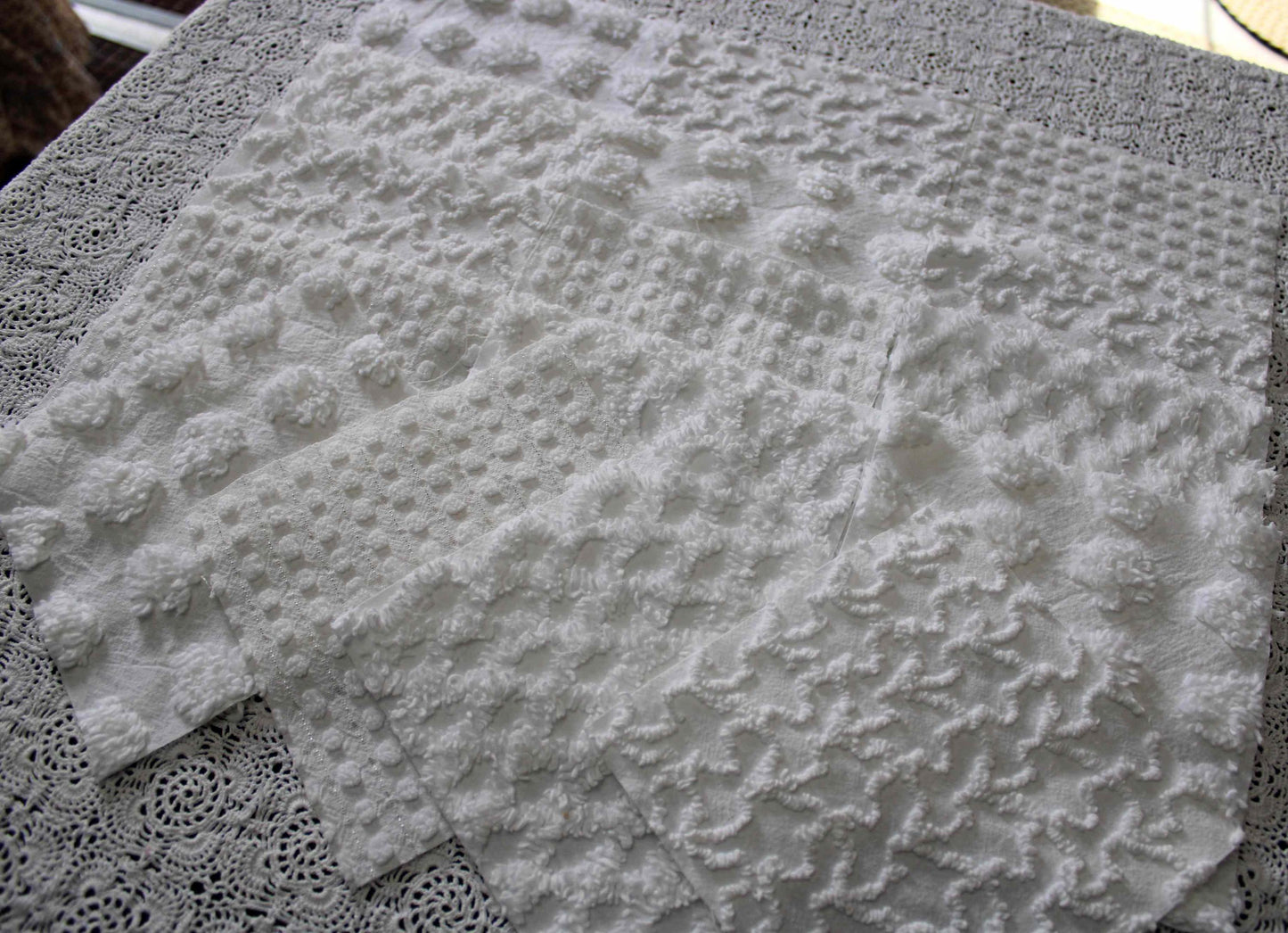 white chenille fabric squares in great textures, coin dots, lattice, mini pop sparkle & squiggles, 16 vintage quilt blocks, 6" x 6" ea