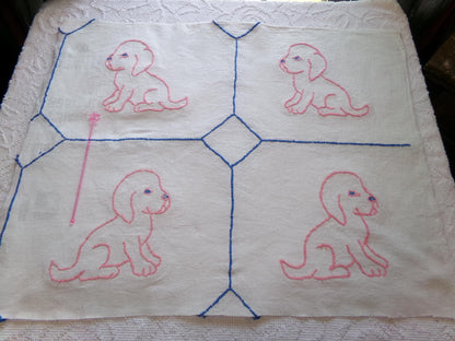 Cutest Pink Puppy Dogs Vintage Chenille Fabric, 4 Puppies on Cotton Feedsack, 22" x 28" Piece, Upcycle into Handmade Quilts, Pillows