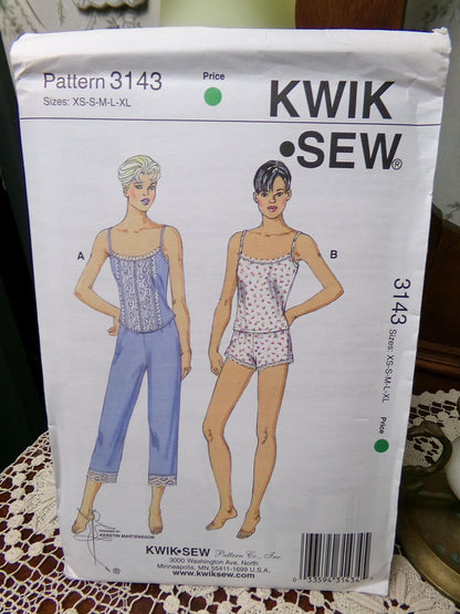 Vintage Kwik Sew 3143 Sewing Pattern, Misses Sleepwear Pajama Shorts, Capri Pants, Camisole, Size XS-XL