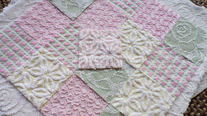 Fresh Flowers Chenille Quilt Squares Set from Vintage Bedspread Fabric, 17 Blocks, 6" x 6" inch
