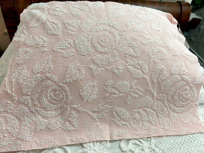 Pink Rose Vintage Chenille Fabric Piece Hobnail Cabbage Rose Reversible Shadow 18x24"