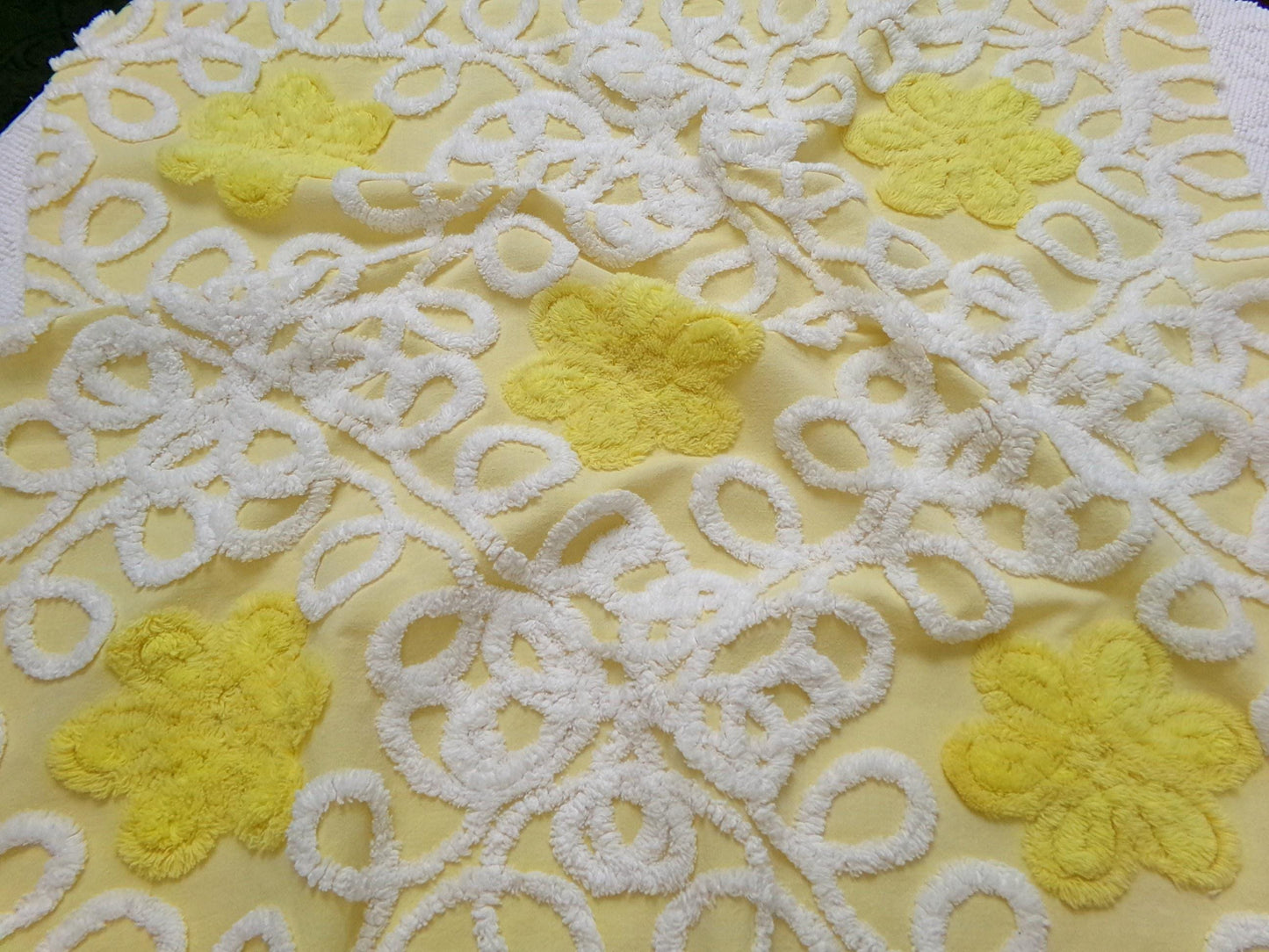 Sunny Yellow Daisy Vintage Chenille Fabric, White Swirl Sewing Quilt Material, 20" x 24"